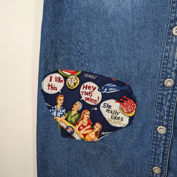 Denim Dress L Embellished Sushi Patches Upcycled - Picture 5 of 10